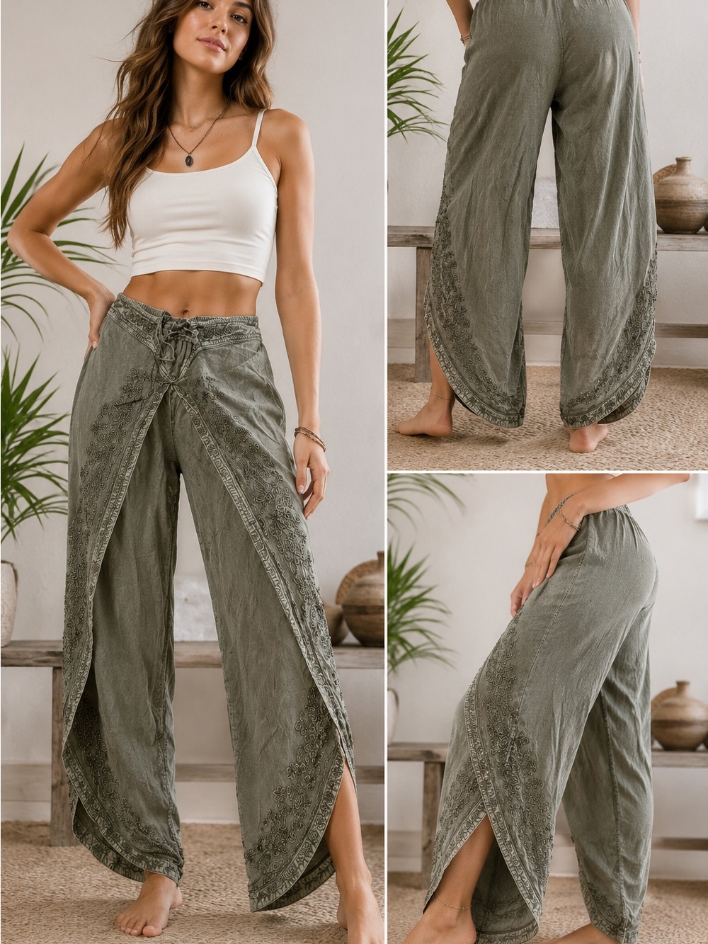 Earthbound Trading Co Embroidered Split Leg Harem Pants Olive Green Large Boho